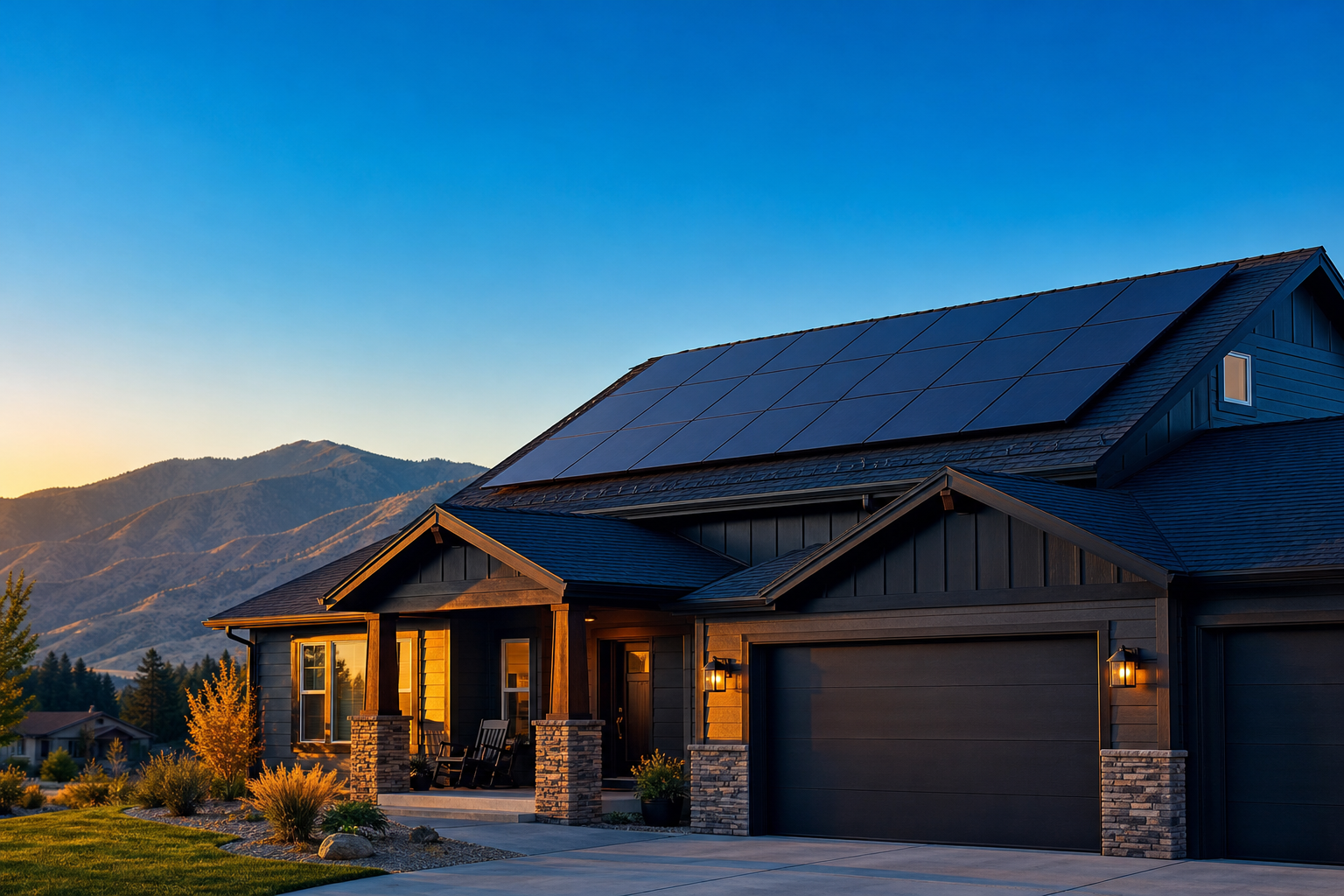 Modern single-family Idaho home with all-black solar panels on the roof at golden hour