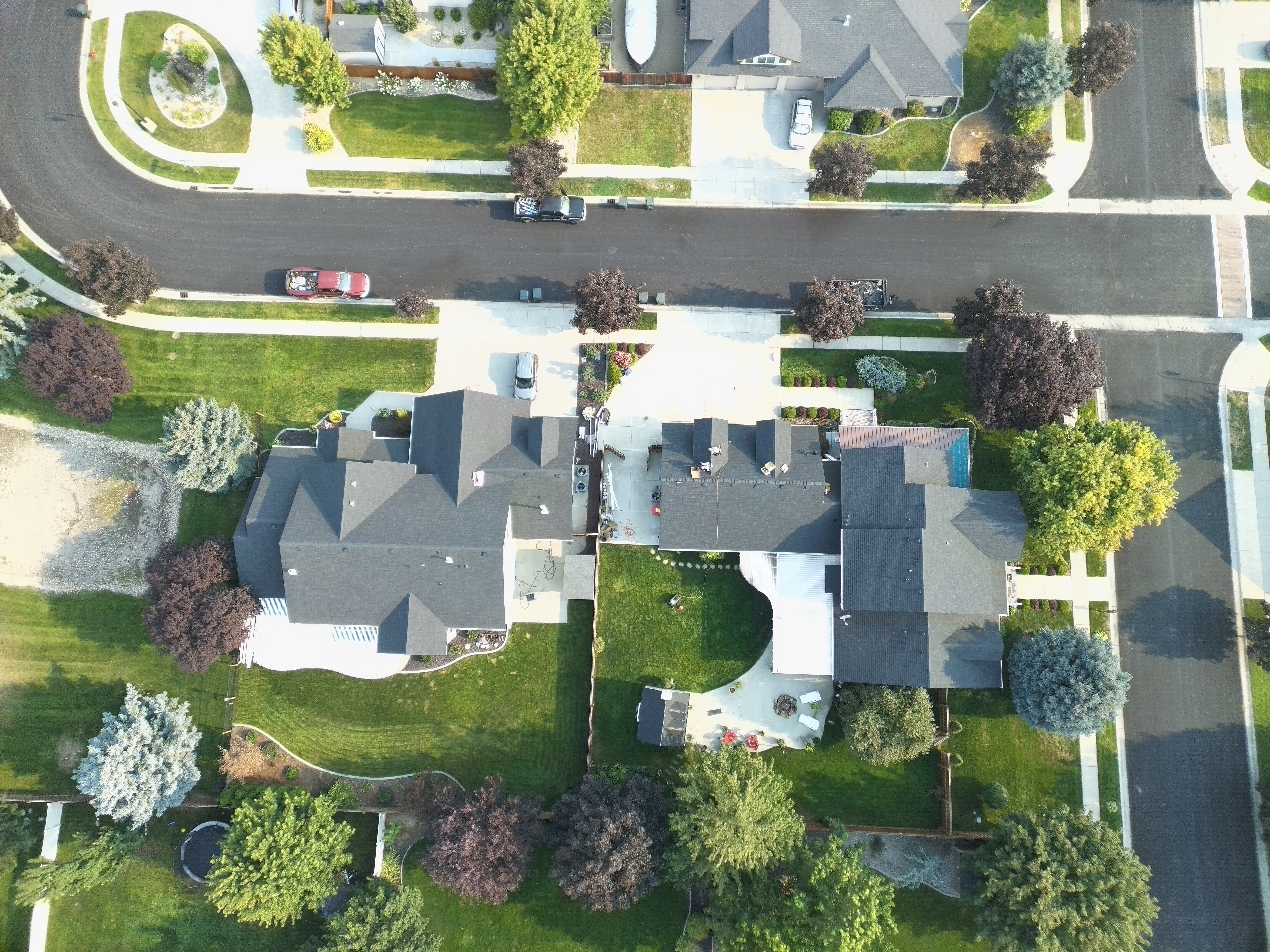 Aerial drone photo of a completed residential roof