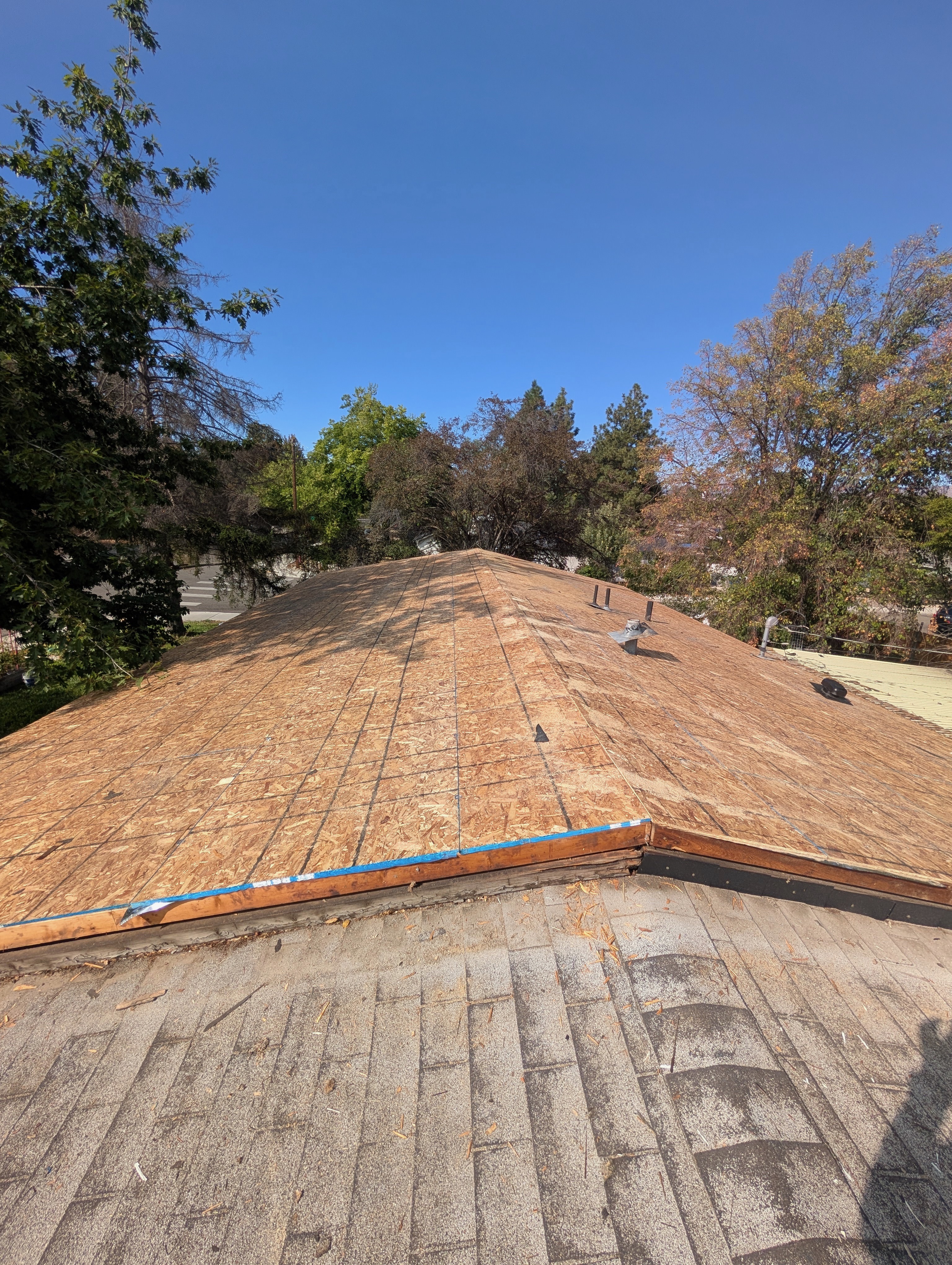 Roof stripped down to bare wood decking during a full tear-off