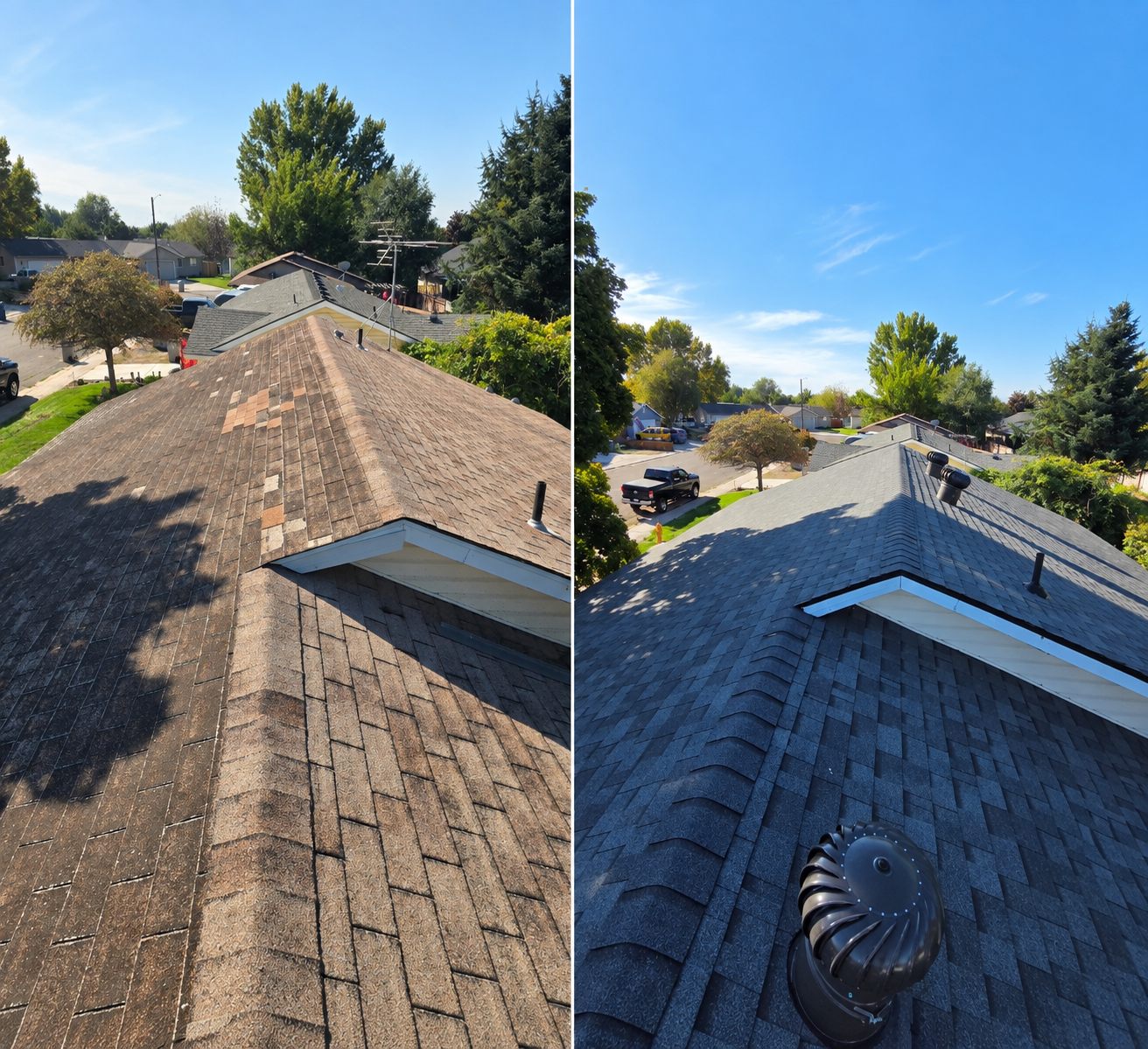 Before and after comparison of a worn brown roof replaced with fresh gray shingles