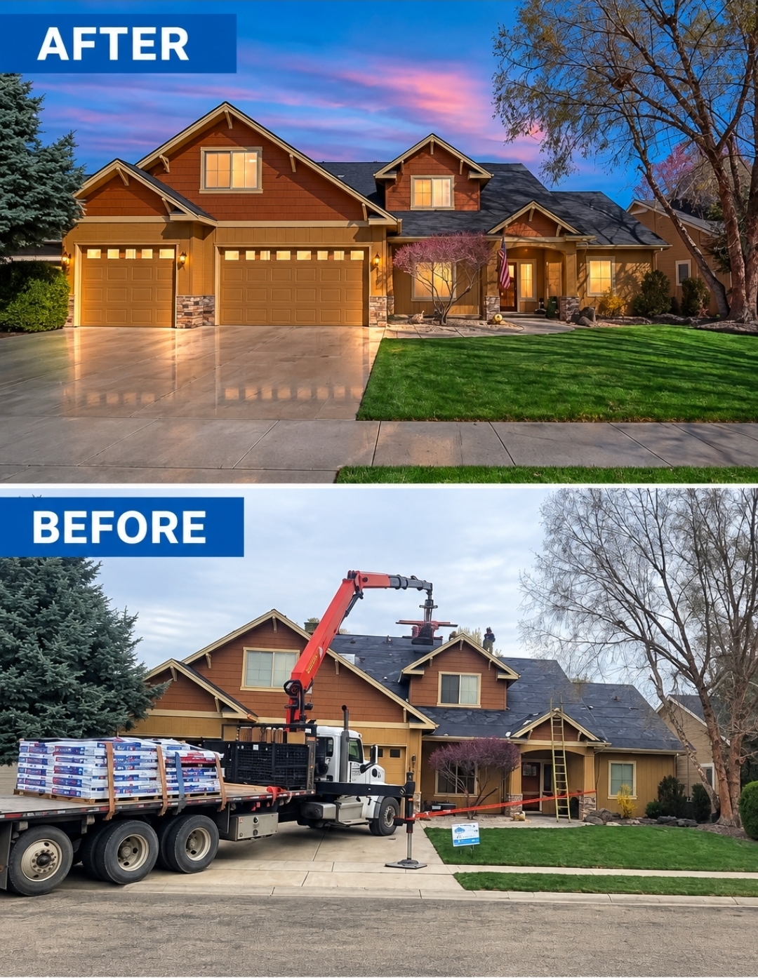 Before and after of a full roof replacement on a two-story home