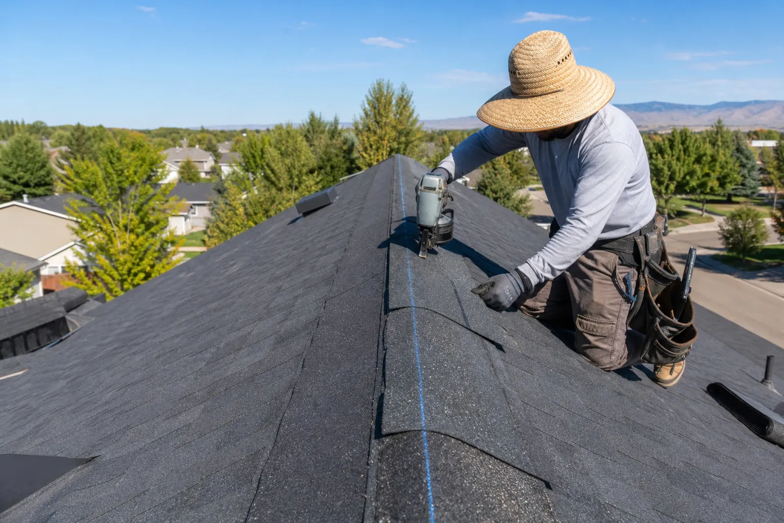 Roofer installing ridge cap shingles along a chalk snap line on a roof ridge