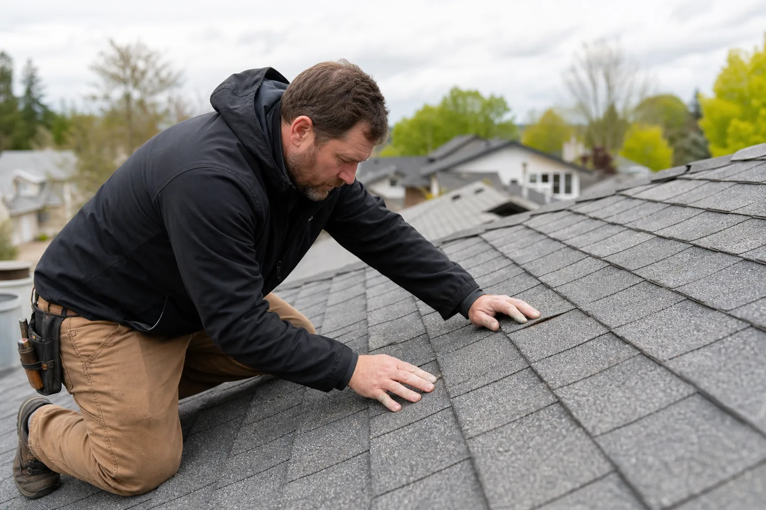 Roofer inspecting shingles up close on a roof